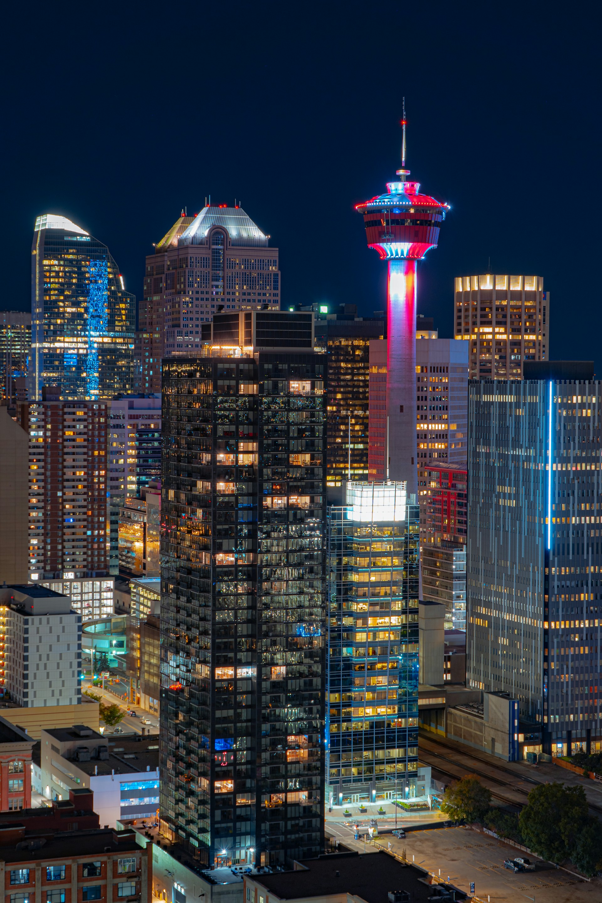 high rise buildings during night time
