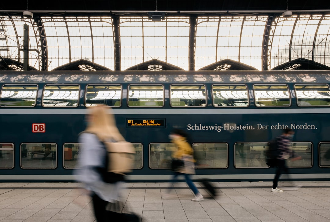 people walking on sidewalk near train, People at train station in front of train in Hamburg Haupbahnhof Germany. Commiss