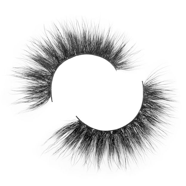 Two voluminous, curved eyelashes with a fluffy texture. They are positioned in a circular arrangement on a plain white background, highlighting their intricate design and dark color.