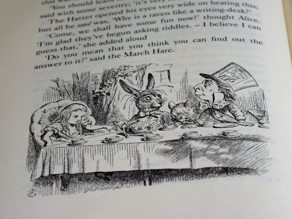 Emily the haunted doll surrounded by enchanted friends during tea.