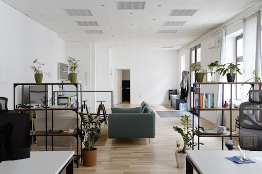 A modern office space showcasing a blend of blue and gray colors.