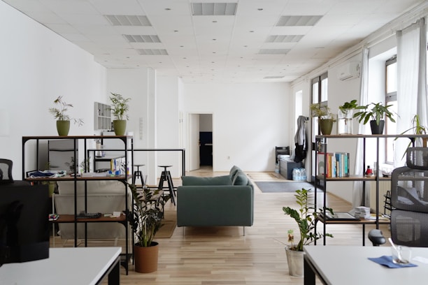 A modern office space featuring a central gray couch, surrounded by open shelving units with plants, books, and decor. The room has light wood flooring, white walls, and large windows allowing natural light. Office chairs and desks are placed throughout, with various office supplies visible.