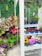 A vibrant display of various flowers in a shop setting with multiple shelves filled with bouquets in blue containers. The background features a lush green wall made of artificial foliage. The assortment includes roses, sunflowers, lilies, and other colorful flowers, creating a lively and lush atmosphere.