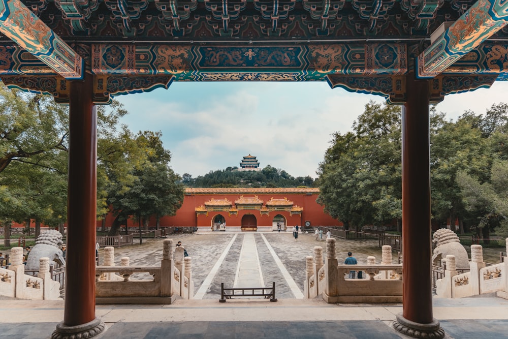 brown and blue arch gate