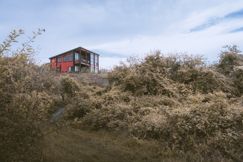 Casa marrón y blanca rodeada de hierba verde y árboles bajo nubes blancas y cielo azul