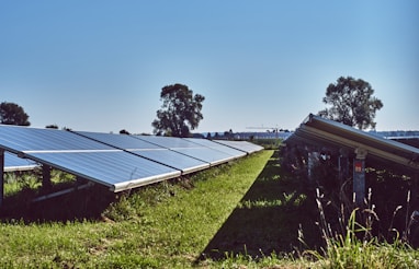 black solar panels on green grass field under blue sky during daytime