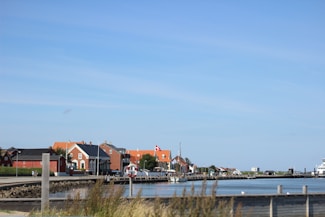 A coastal town with a calm waterfront features several colorful houses and buildings, including red, blue, and black structures. A Canadian flag is visible, adding a vibrant element to the scene. The water is still, and a pathway lined with small rocks runs along the edge of the shore. There is a life preserver on a pole near the water. In the background, there is a large ferry or boat docked by the shore.