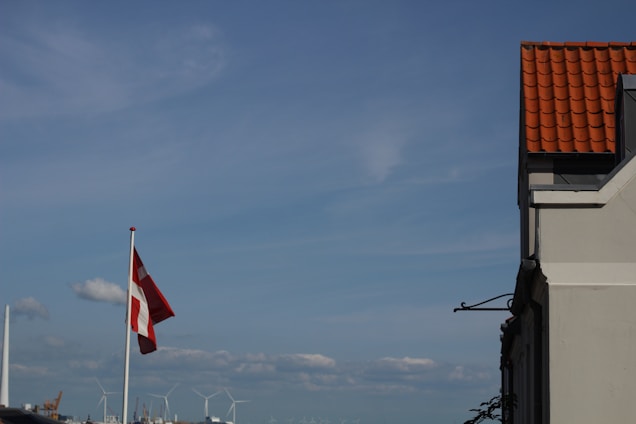 A detailed illustration of Denmark's parliamentary building with the Danish flag waving in the foreground.