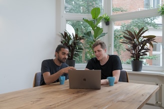 Two people are sitting at a wooden table, engaged in a discussion while looking at a laptop. There are two blue mugs on the table, and the room is well-lit with natural light coming through large windows adorned with green plants. The setting seems casual and relaxed.