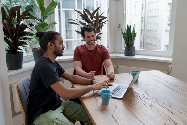 Two people are seated at a wooden table with a laptop open in front of them, engaging in a discussion. Both are smiling, suggesting a friendly or collaborative atmosphere. Around them are several potted plants in a brightly-lit room with large windows showing a view of buildings outside.