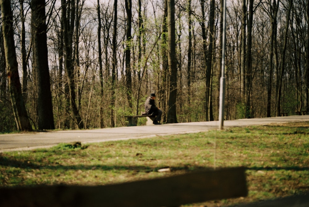 person in black jacket sitting on bench near trees during daytime