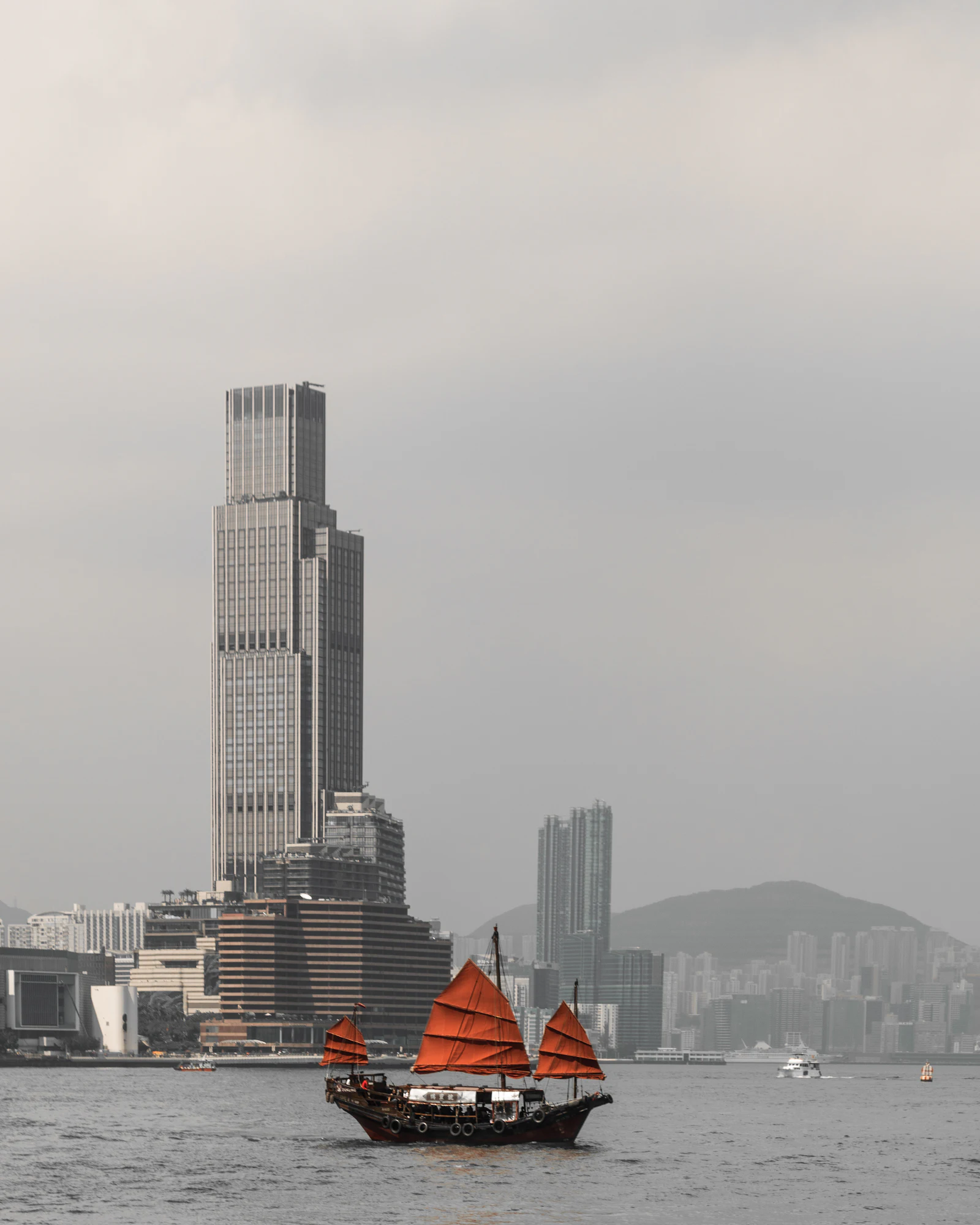 A junk boat sailing on Victoria Harbour, Hong Kong