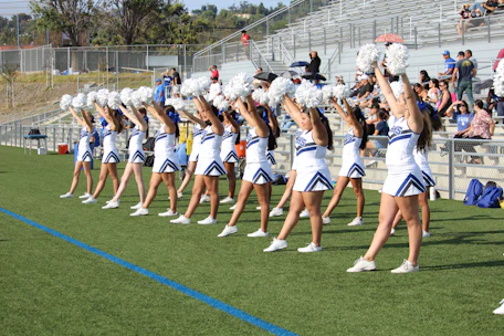 A vibrant drill team performing energetically on a sunny outdoor field, students focused and spirited.