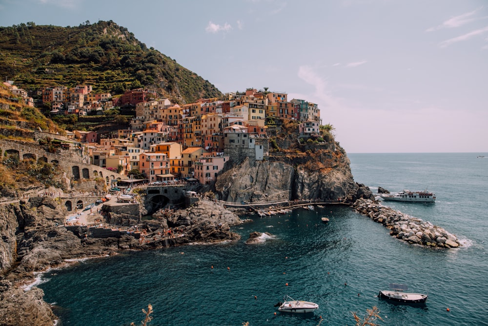 houses on mountain beside sea during daytime