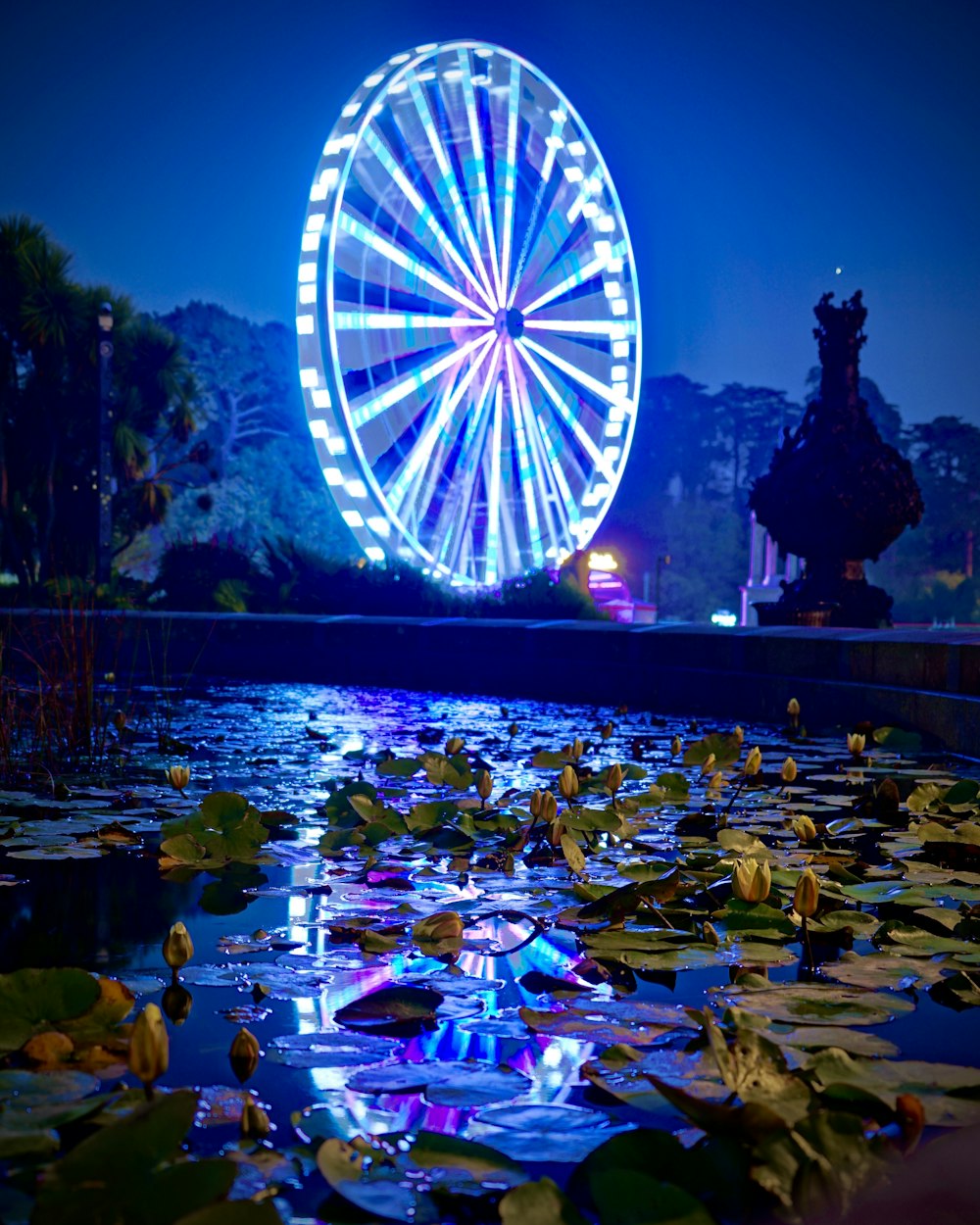 ferris wheel near body of water during night time