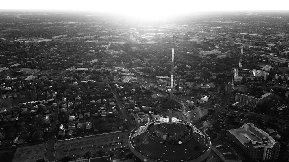 grayscale photo of city buildings