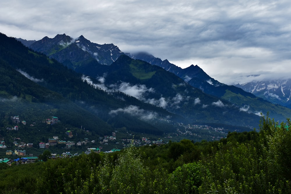 green trees near mountain under cloudy sky during daytime