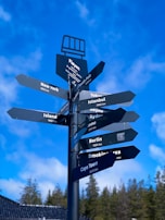 An open road sign pointing towards popular destinations.