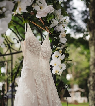 white floral lace spaghetti strap dress