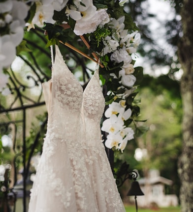 white floral lace spaghetti strap dress