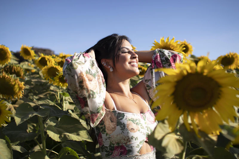 Radiant Australian sugar baby in a field of sunflowers