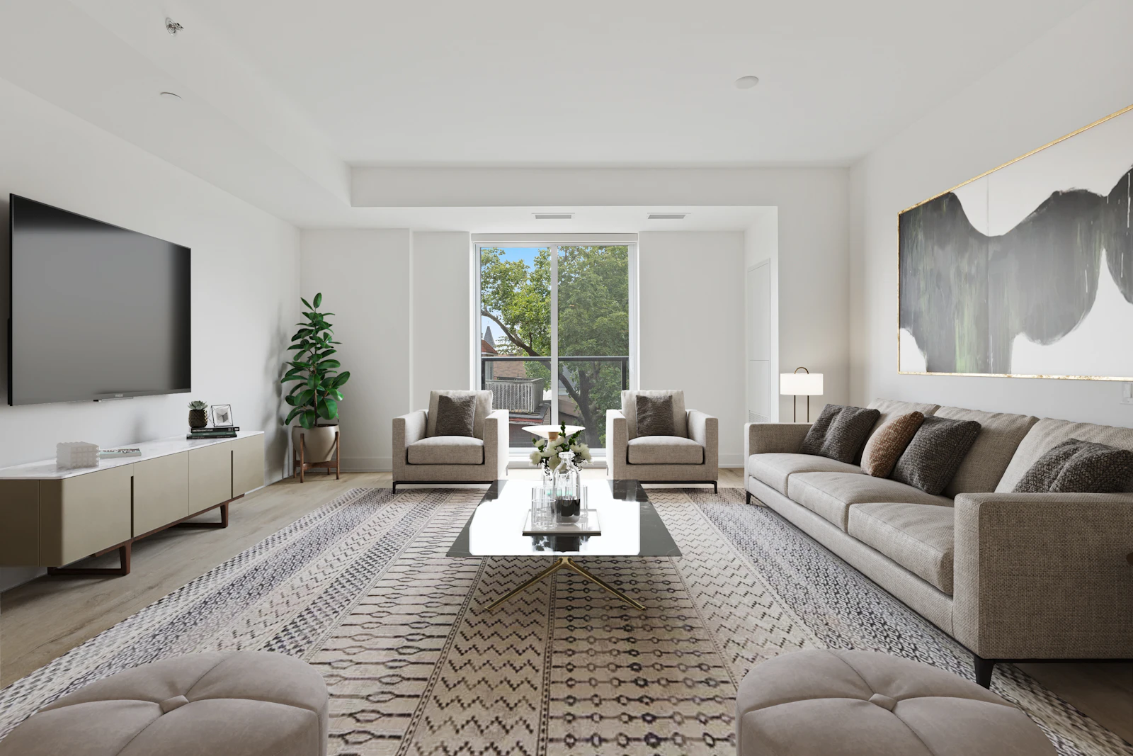 Living room with an area rug and framed glass window