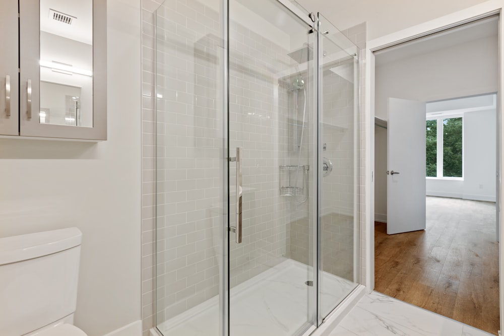 clear glass door with white steel frame
