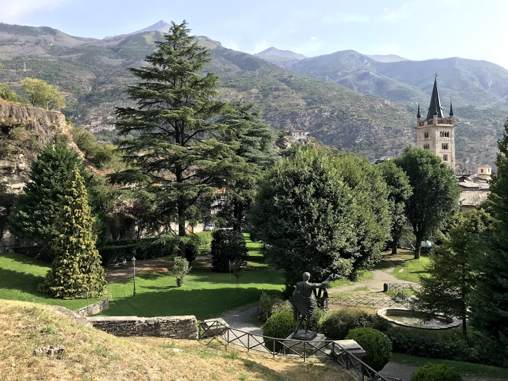 árboles verdes en un campo de hierba verde cerca de la montaña durante el día