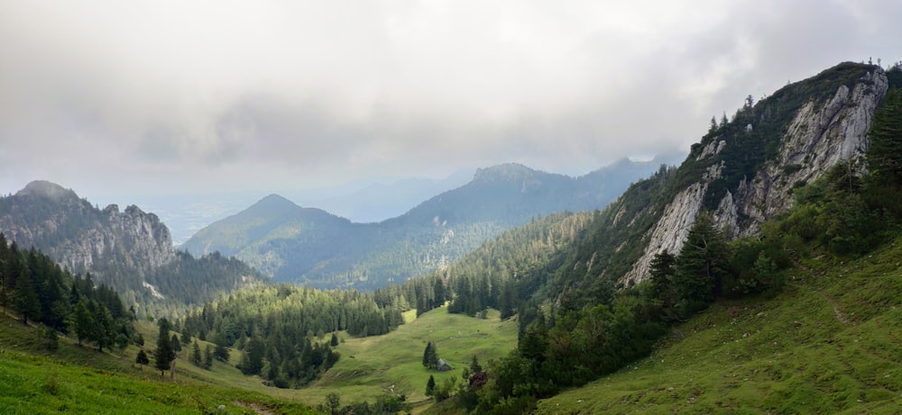 green grass field and mountains under white clouds