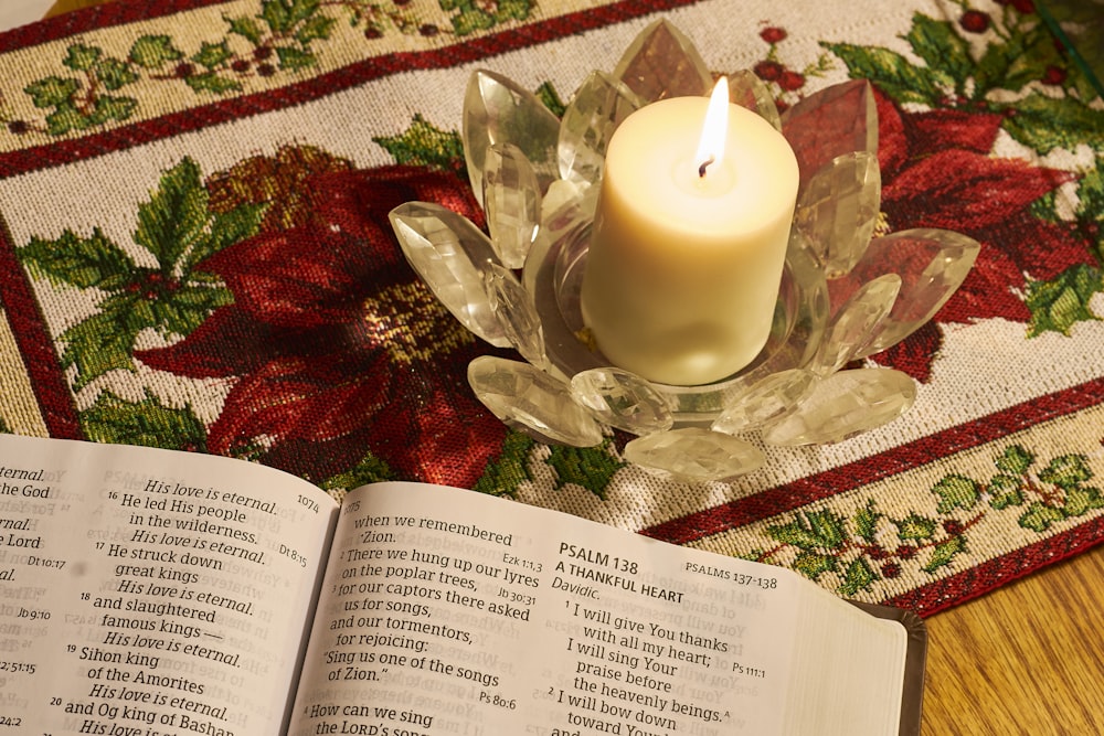 white pillar candle on clear glass holder