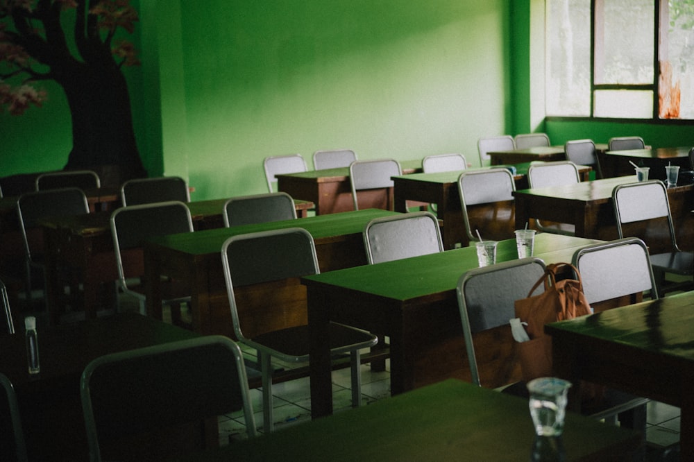 green and white chairs near green wall