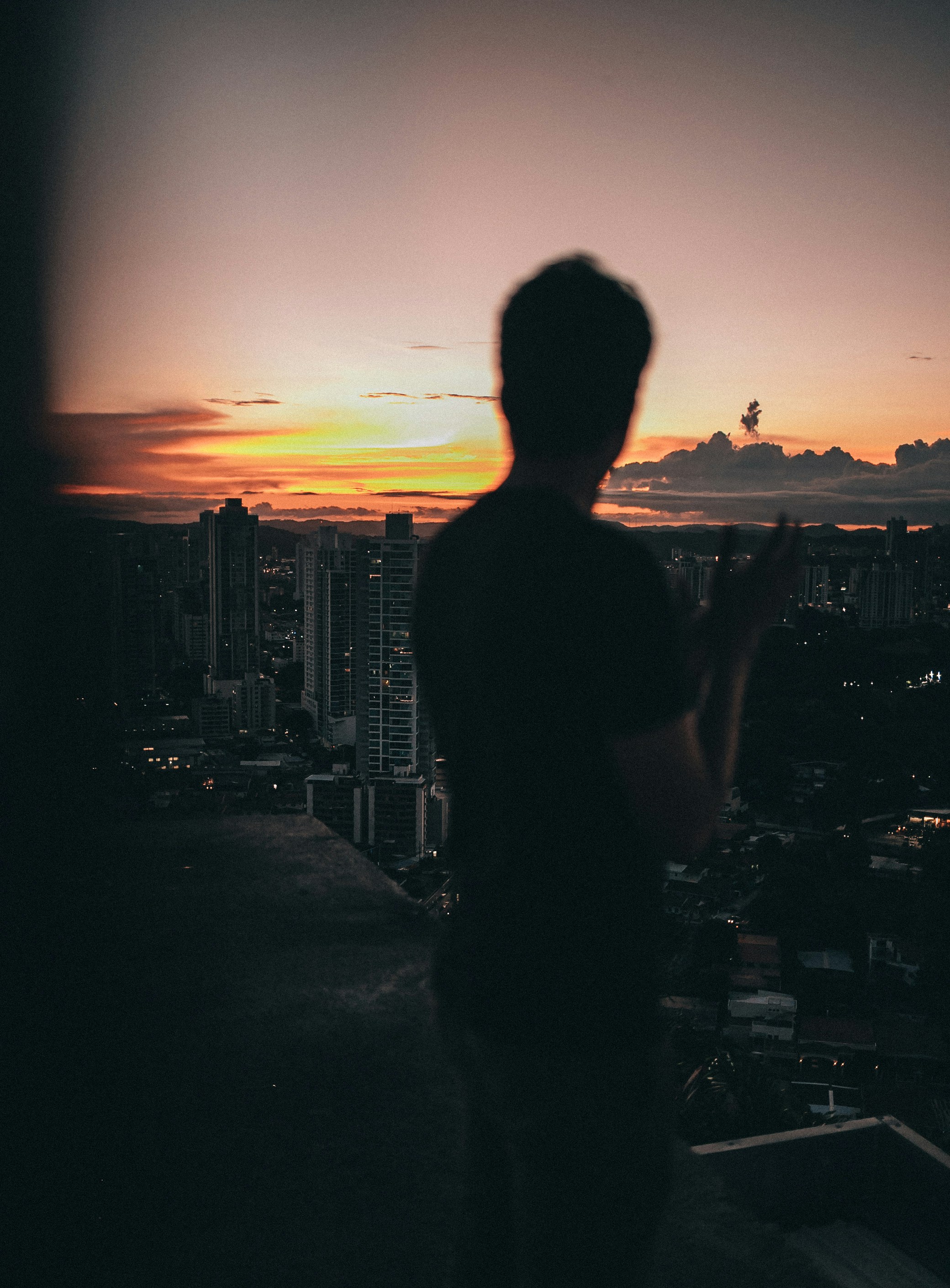 Silhouette Of Man Standing On Top Of Building During Sunset Photo Free Silhouette Image On Unsplash