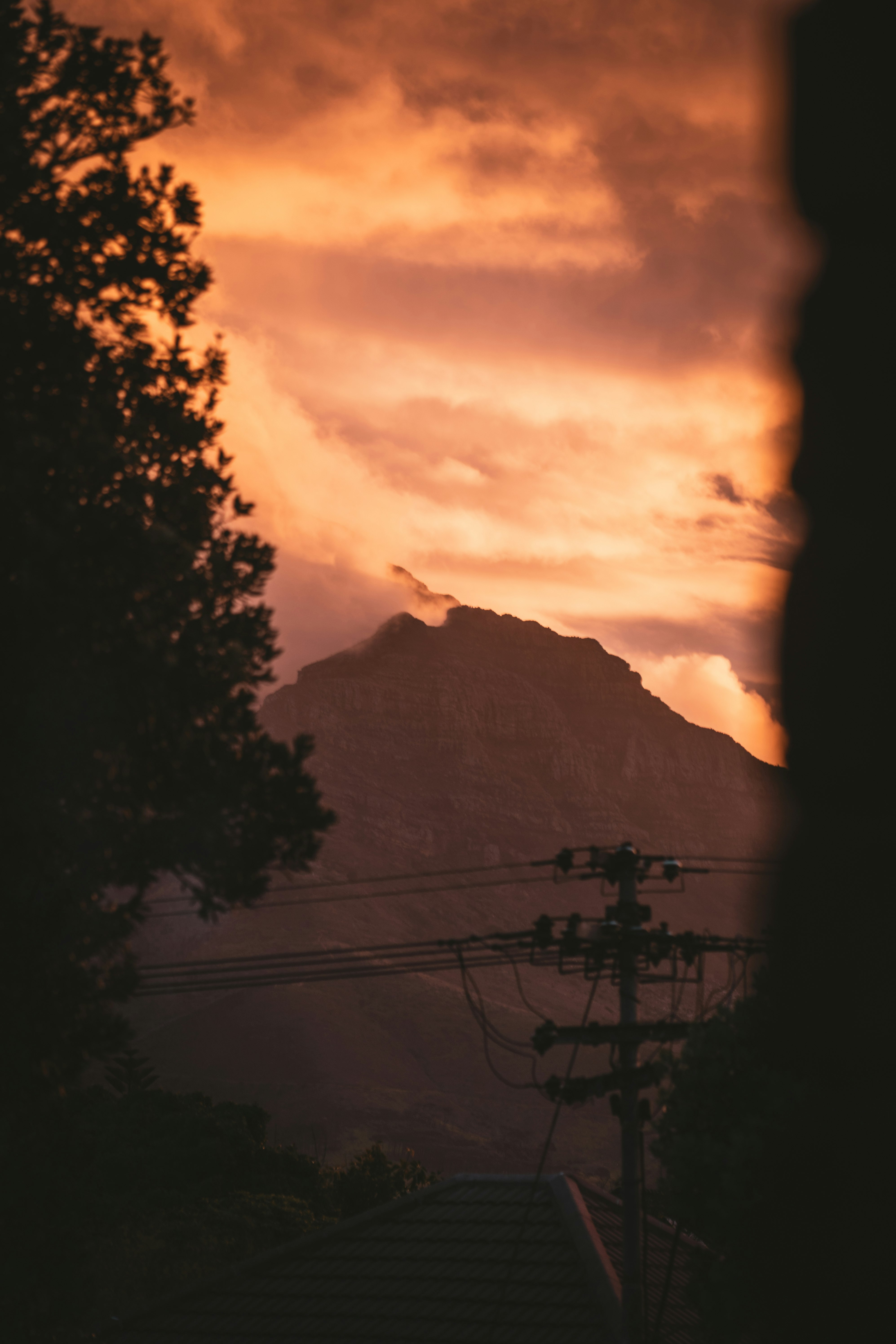 silhouette of trees and mountains during sunset