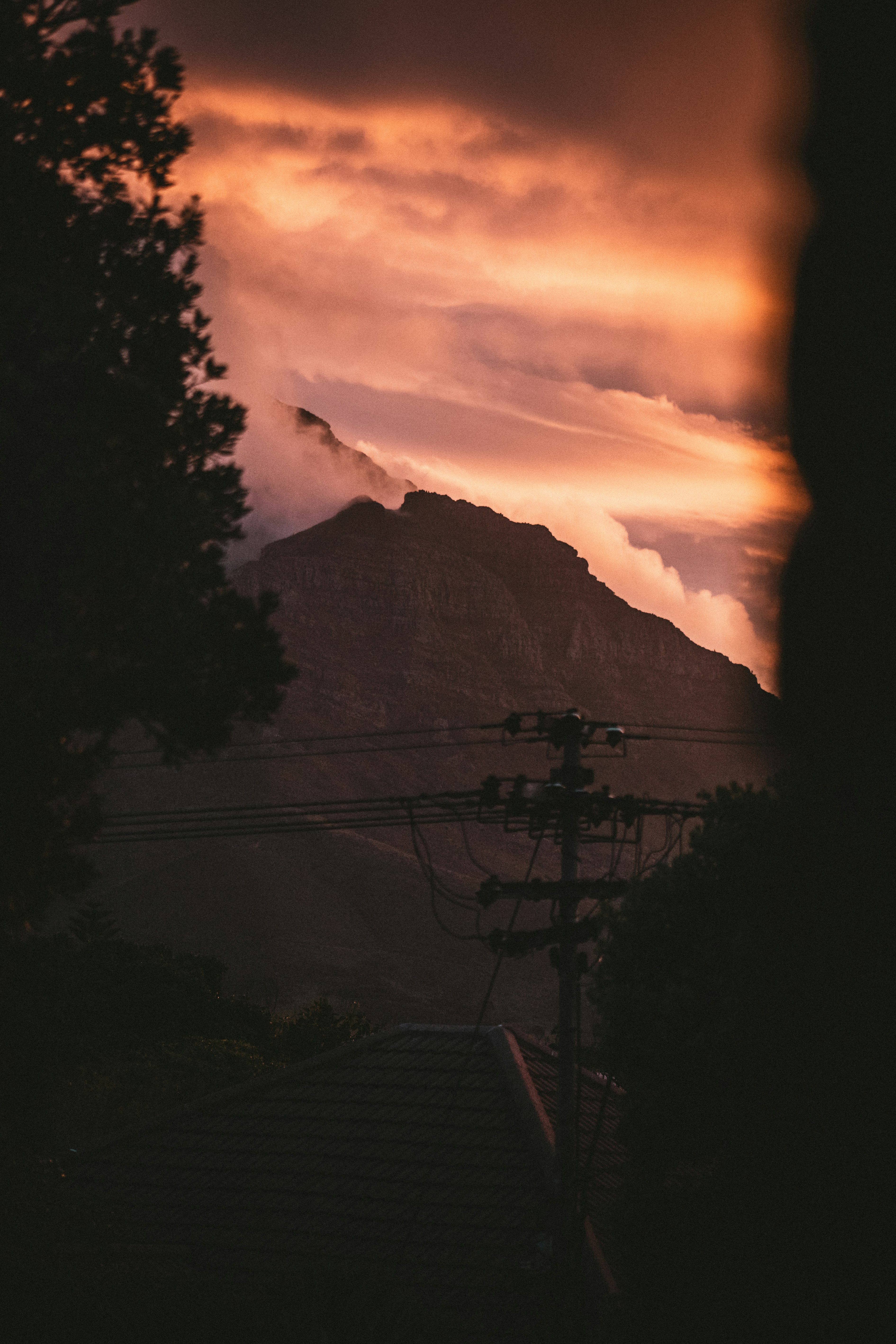 silhouette of trees and mountains during sunset