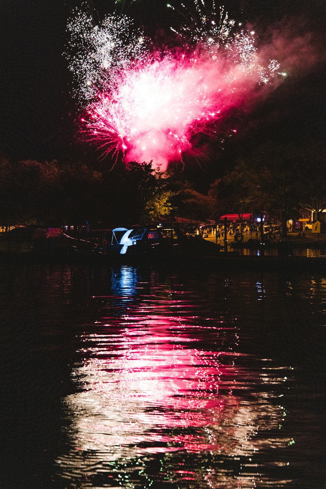 body of water near trees during night time