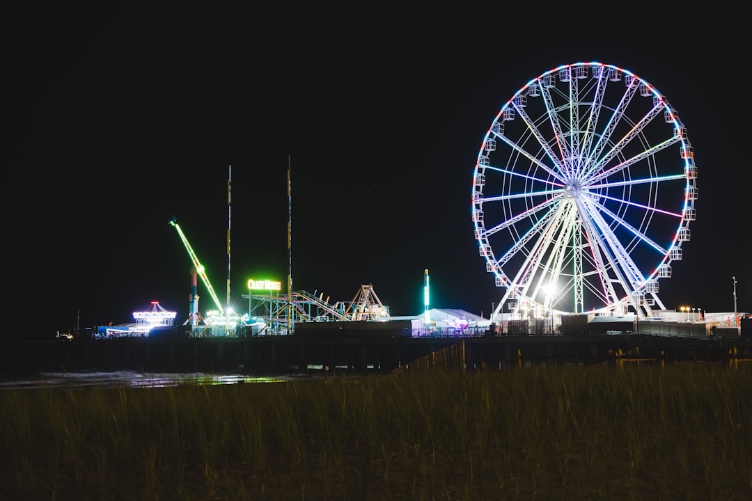 ferris wheel near body of water during night time