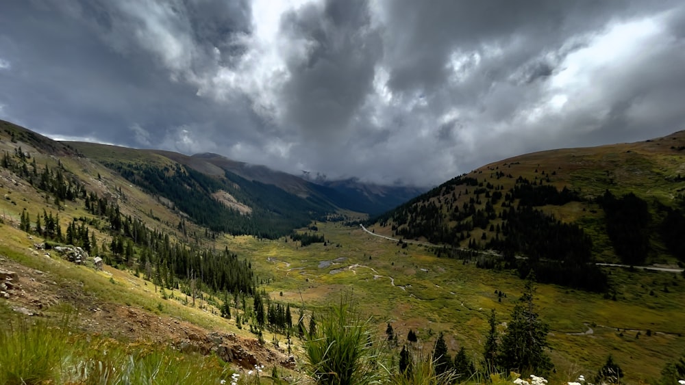 green grass field near mountains under cloudy sky during daytime