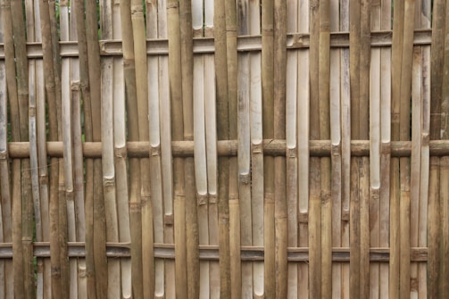 An arrangement of vertical and horizontal bamboo sticks forms a traditional woven fence. The bamboo appears natural and untreated with variations in color and texture, giving it a rustic yet organized look.