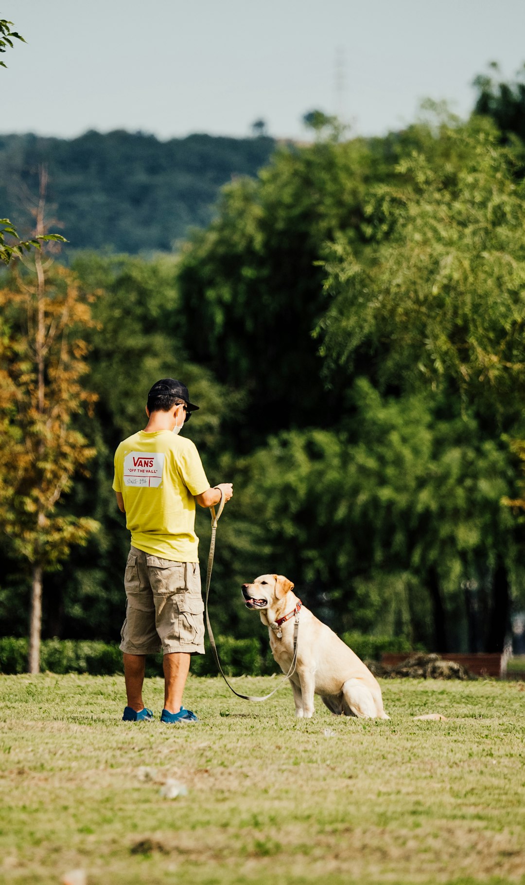 man in yellow shirt and brown shorts holding yellow labrador retriever during daytime