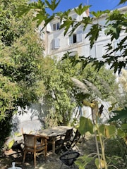 A shaded outdoor seating area surrounded by lush greenery.