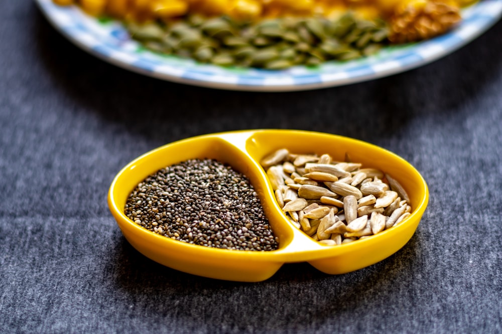 yellow ceramic bowl with brown beans