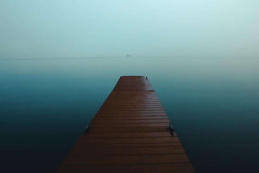 brown wooden dock on body of water, Foggy lake