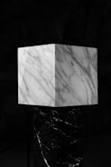 A marble cube with distinct veins sits atop a pedestal of darker marble against a dark background. The cube has a light gray and white pattern, creating a striking contrast with the black and white-veined pedestal.