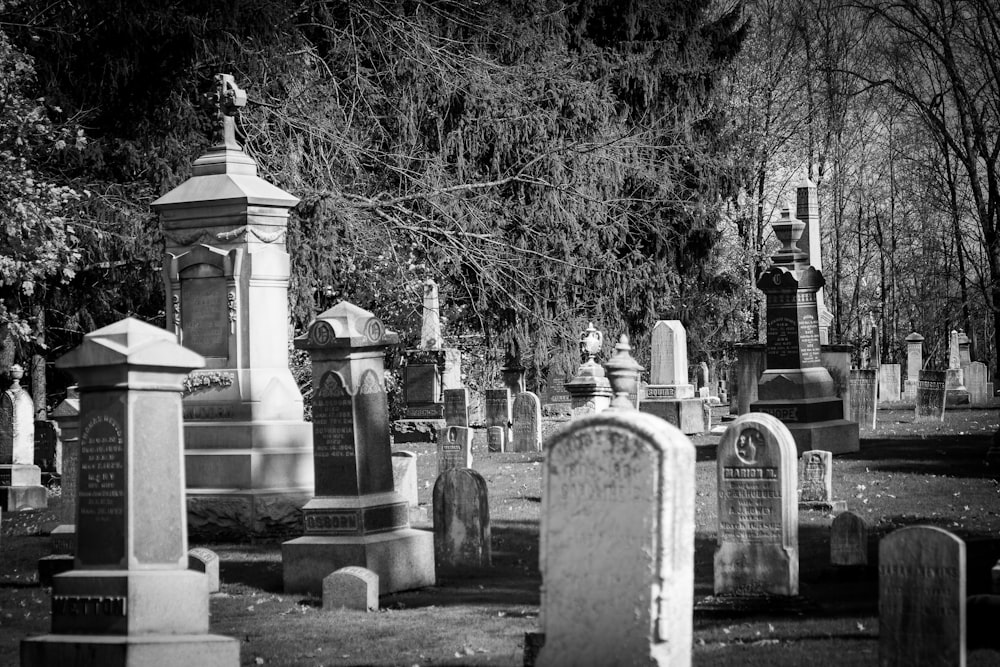 gray scale photo of cemetery