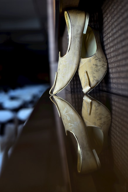 A close-up of elegant footwear showcasing intricate designs.