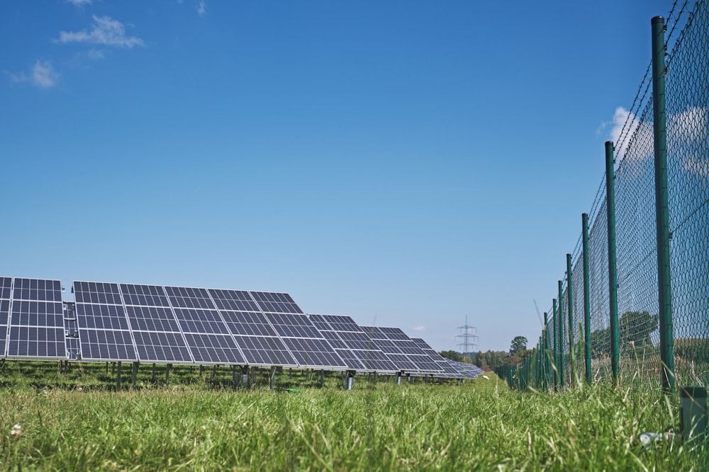 pannelli solari sul campo di erba verde sotto il cielo blu durante il giorno