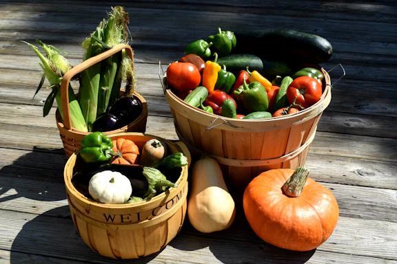 A friendly neighbor handing a basket of fresh vegetables to another outside a cozy home.