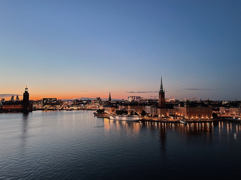 body of water near city buildings during night time