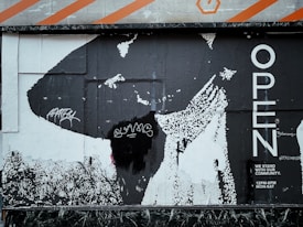 A black and white poster with bold lettering saying 'OPEN' on the right. The background includes abstract graphics with a large black shape and some pixelated areas. There are graffiti tags in white on the left side, and the text 'WE STAND WITH OUR COMMUNITY. 12PM-6PM MON-SAT' is visible in the bottom right corner.