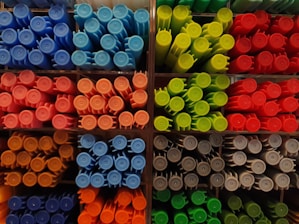 Various colored markers are organized in individual compartments in a storage container. The markers are arranged by color in sections, including blue, red, orange, green, gray, and yellow.